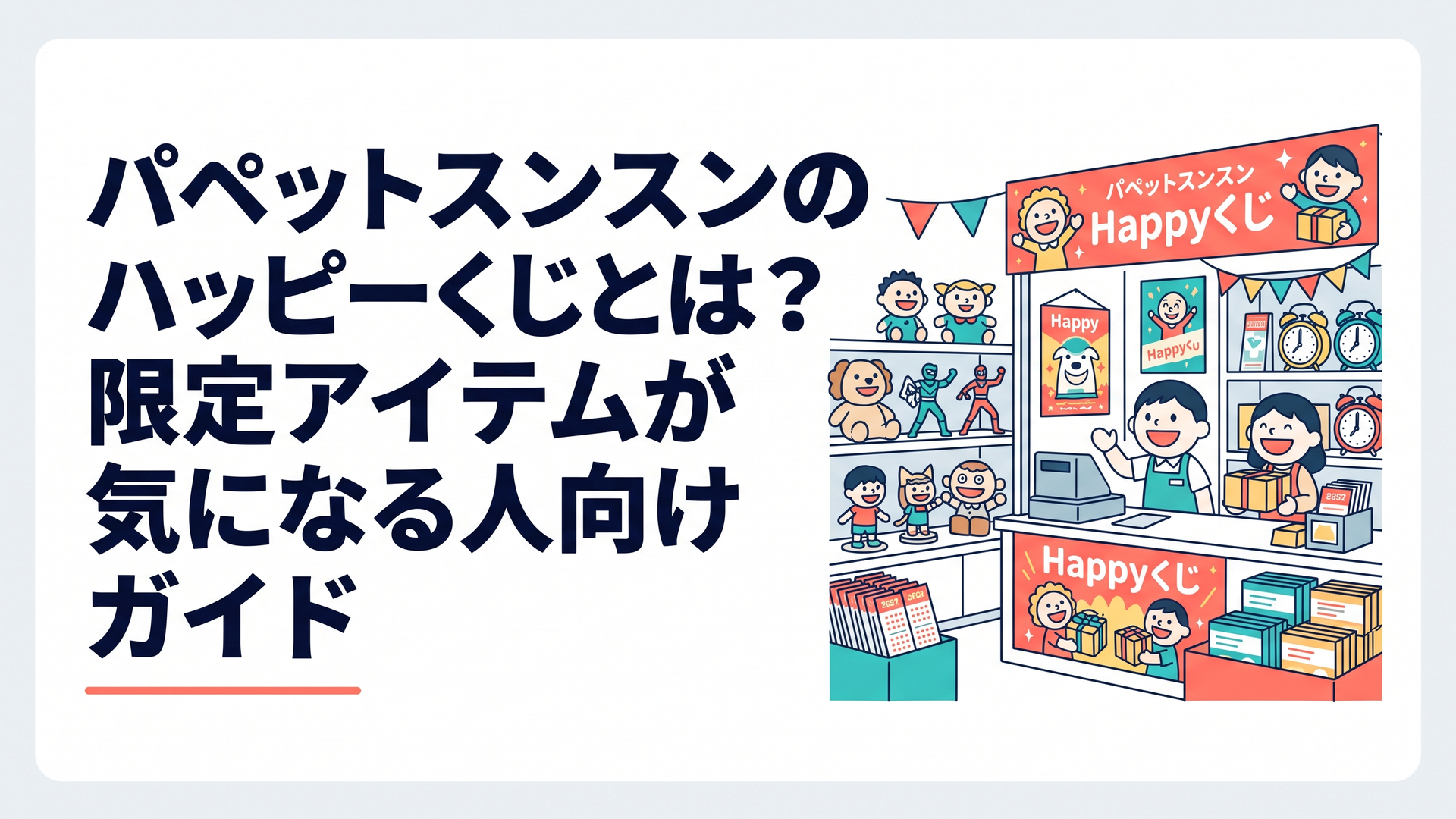 おしゃべりぬいぐるみやフィギュア、クロックなどパペットスンスンHappyくじの景品が並ぶ売り場