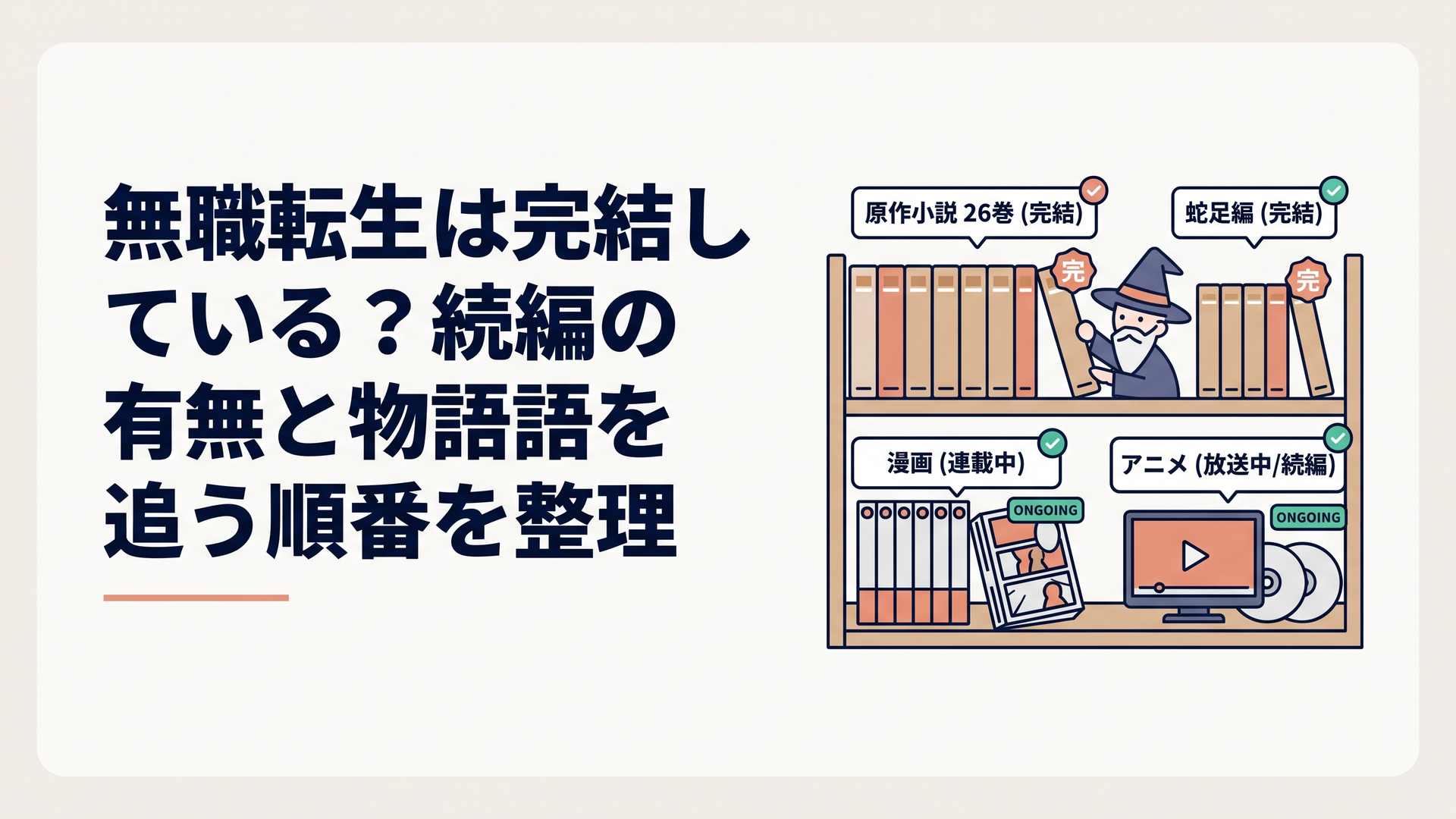 無職転生の原作26巻・蛇足編・漫画・アニメの完結状況を本棚で整理したイメージ